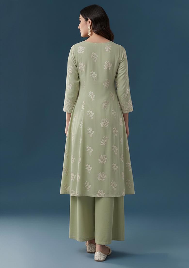 Sage Green Floral Print Linen Kurta Set - Indya