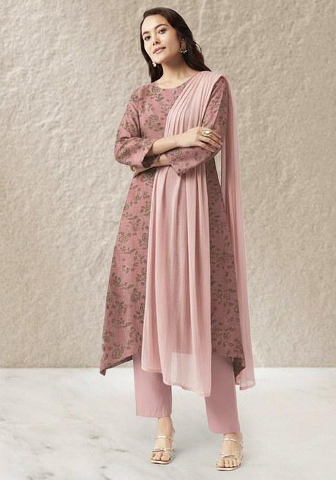 Dusty Rose Floral Print Linen Kurta Set