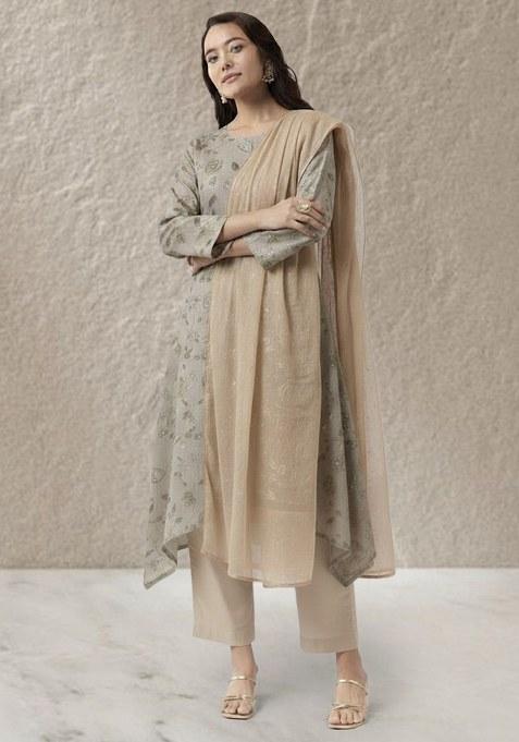 Grey Printed Linen Straight Kurta Set