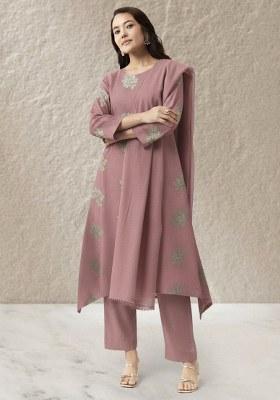 Pink Floral Print Linen Kurta Set