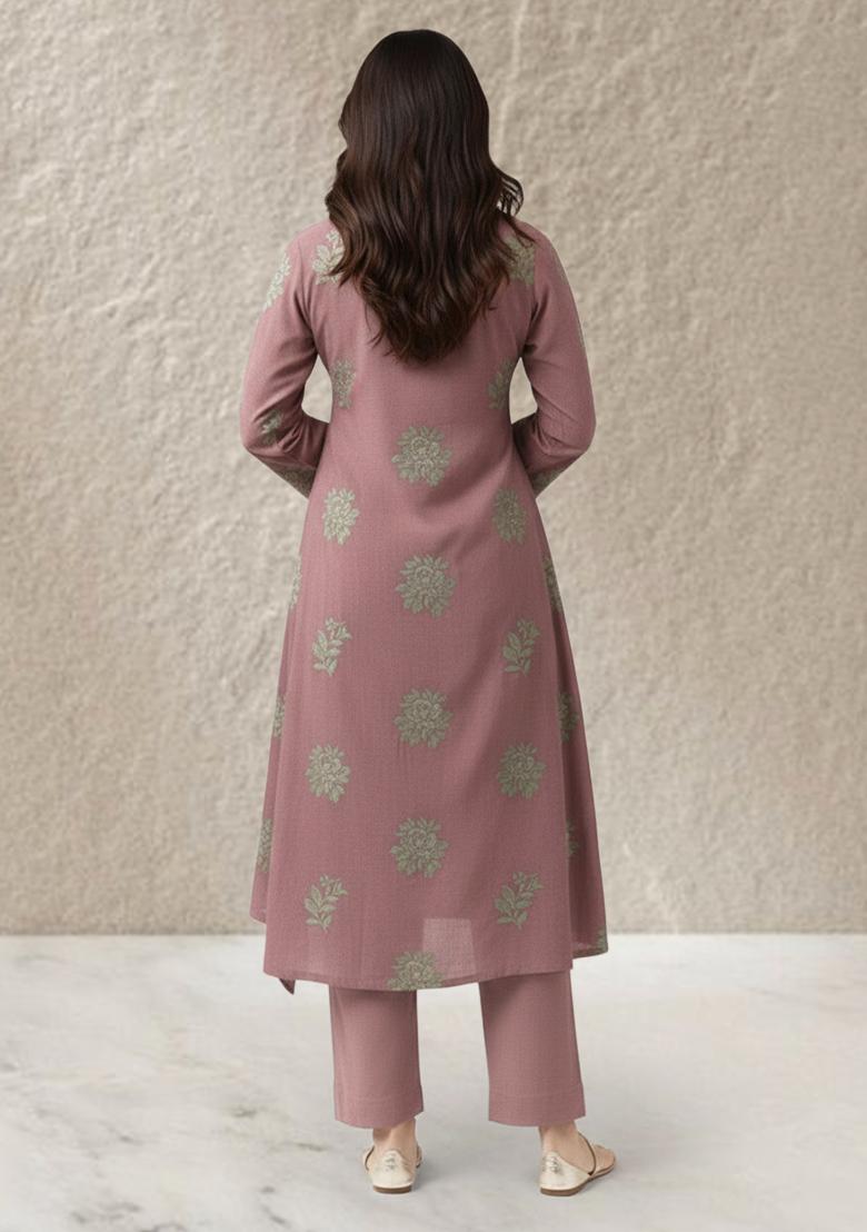 Pink Floral Print Linen Kurta Set - Indya