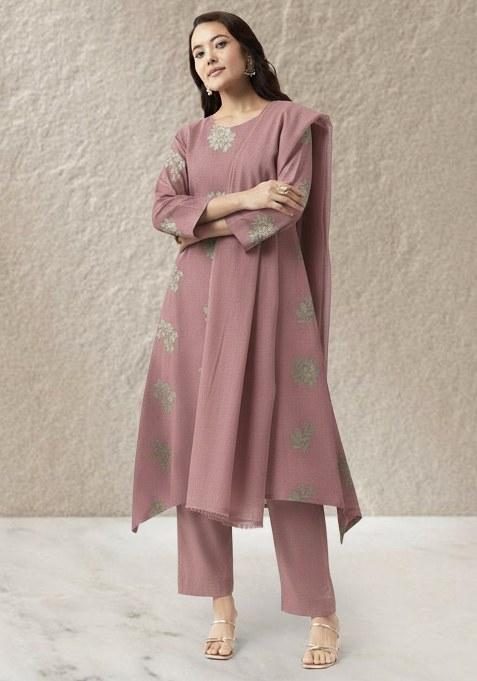 Pink Embroidered Linen Straight Kurta Set