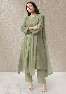 Olive Green Floral Print Linen Kurta Set