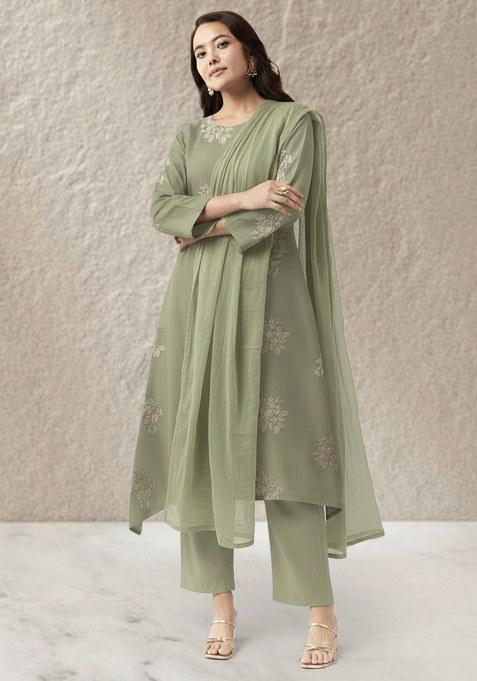 Olive Green Floral Print Linen Kurta Set
