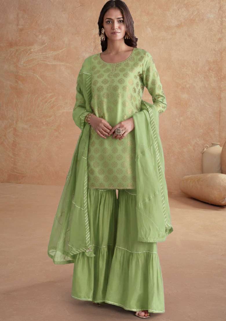 Pista Green Jacquard Brocade Sharara Set - Indya