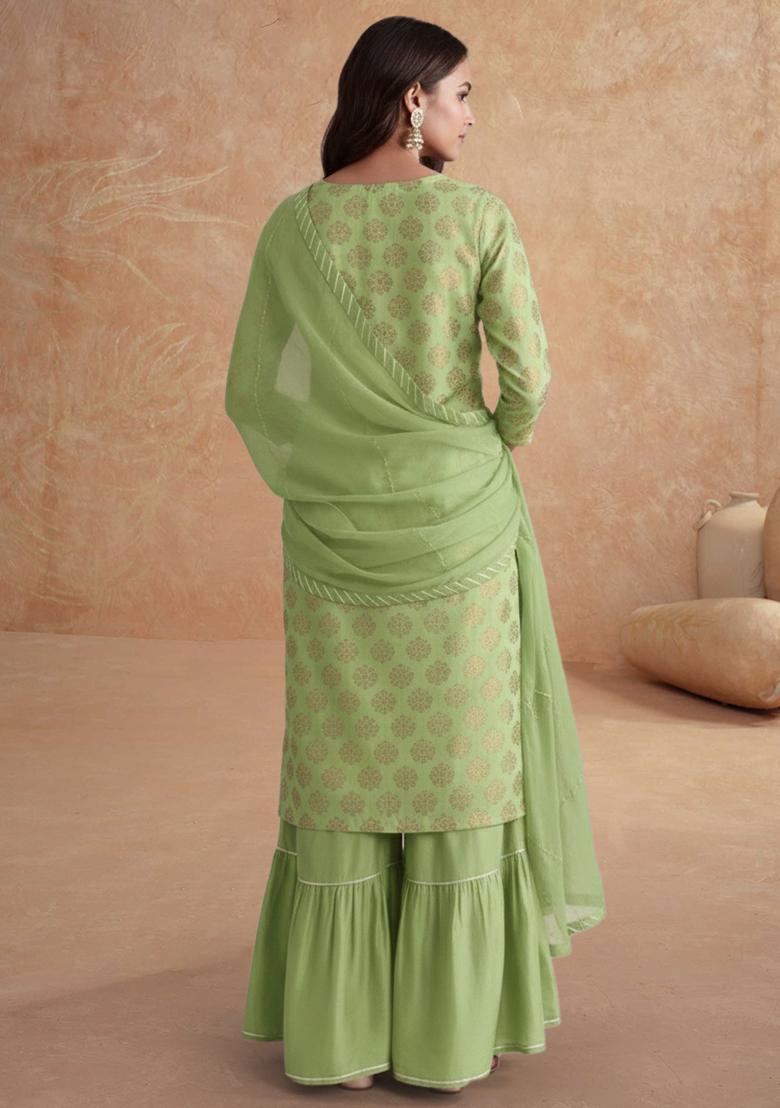 Pista Green Jacquard Brocade Sharara Set - Indya