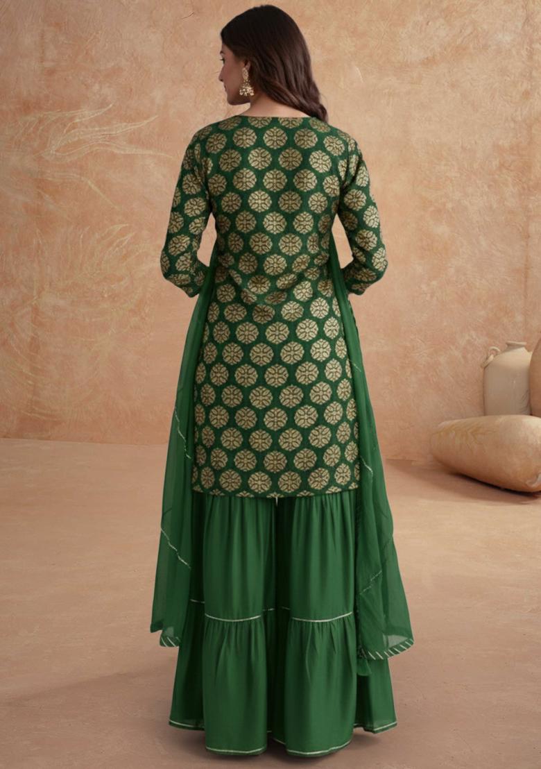 Green Jacquard Brocade Sharara Set - Indya