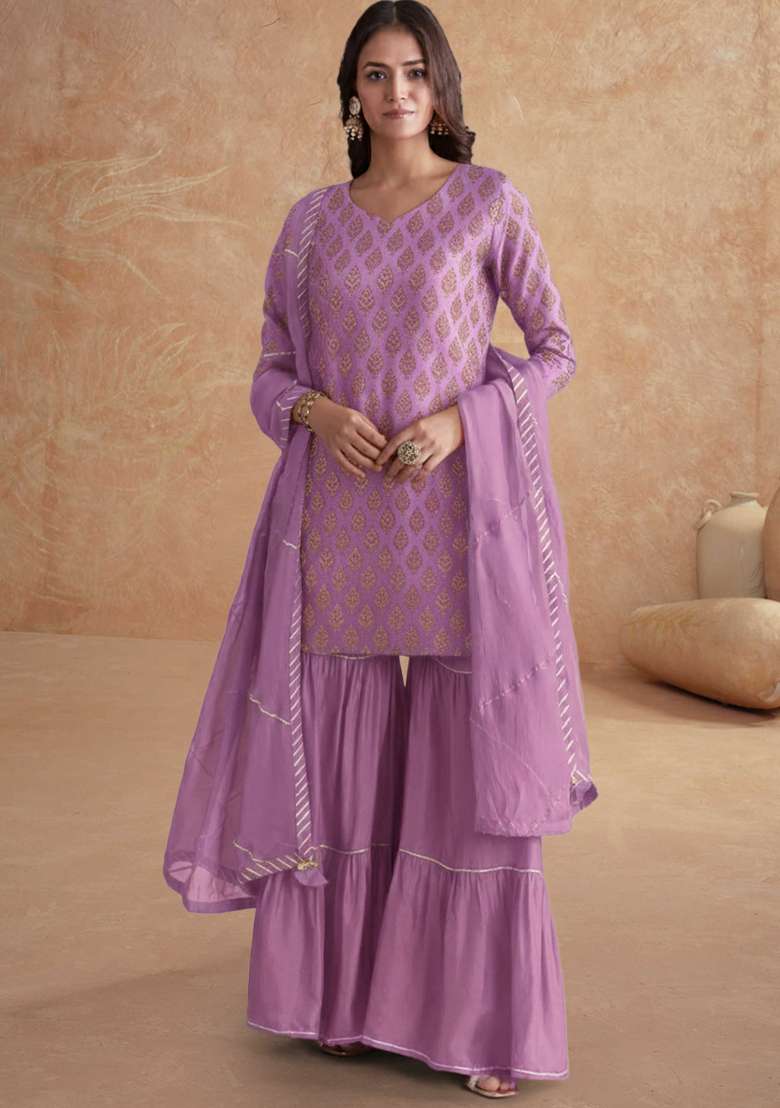 Lavender Jacquard Brocade Sharara Set - Indya