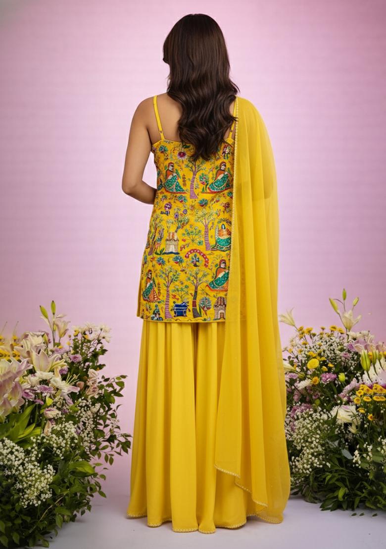 Yellow Printed Crepe Fusion Set - Indya