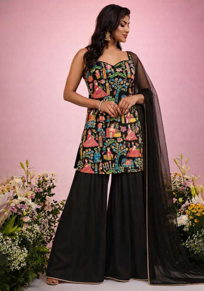 Black Crepe Fusion Set with Printed for Diwali | Wedding & Festive Wear - Indya