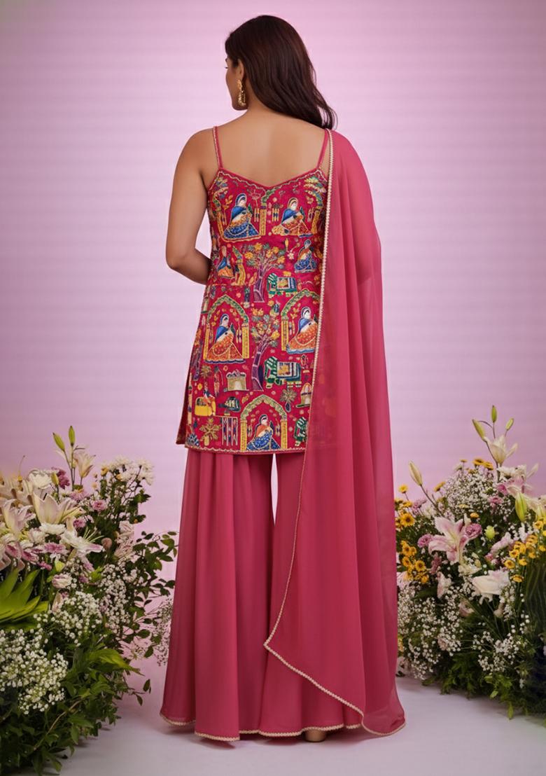 Rani Pink Printed Crepe Fusion Set - Indya