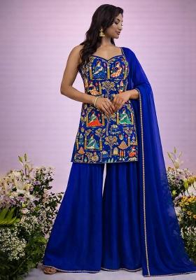 Royal Blue Printed Crepe Fusion Set