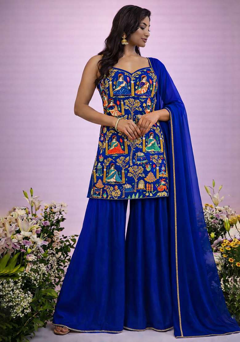 Royal Blue Crepe Fusion Set with Printed for Diwali | Wedding & Festive Wear - Indya