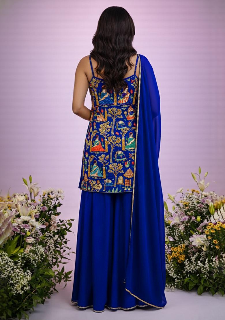 Royal Blue Printed Crepe Fusion Set - Indya