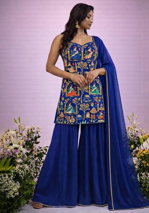 Royal Blue Printed Crepe Fusion Set