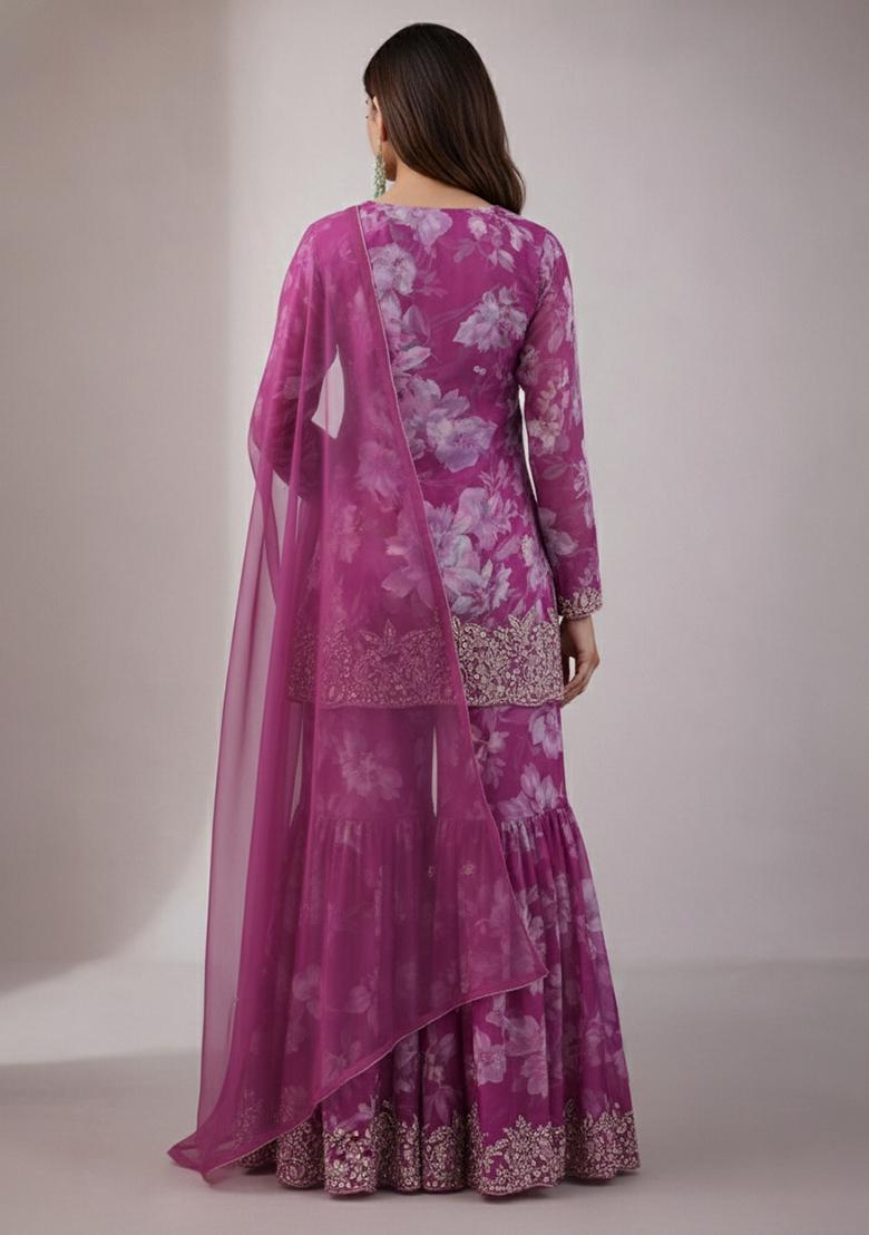 Berry Pink Floral Print Chinon Sharara Set - Indya