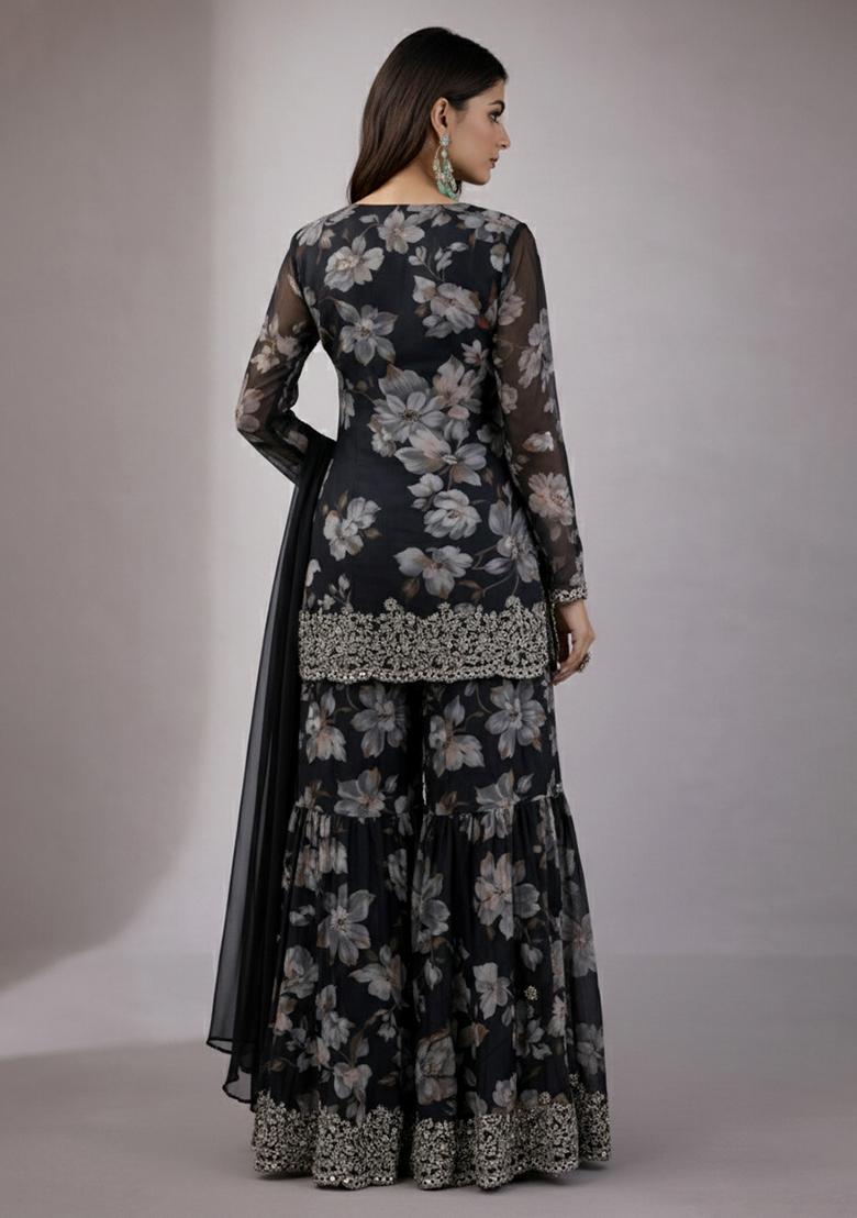 Midnight Black Floral Print Chinon Sharara Set - Indya