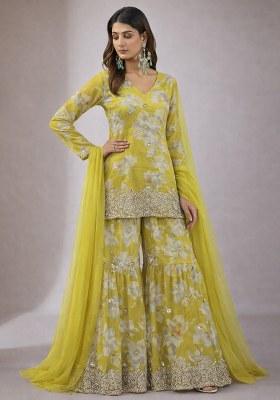 Mustard Yellow Floral Print Chinon Sharara Set