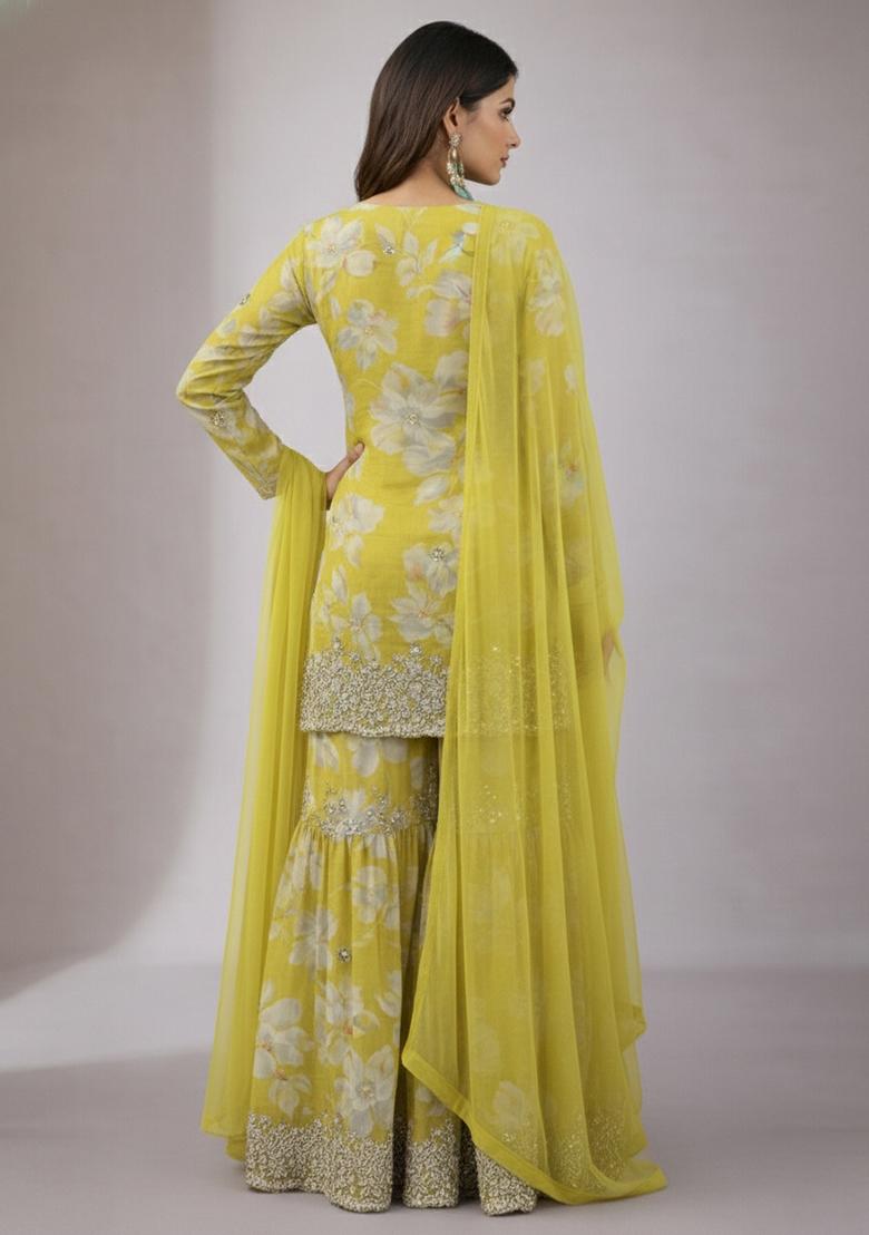 Mustard Yellow Floral Print Chinon Sharara Set - Indya