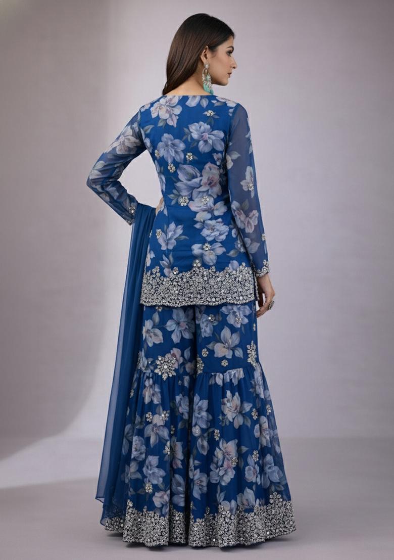Teal Blue Floral Print Chinon Sharara Set - Indya