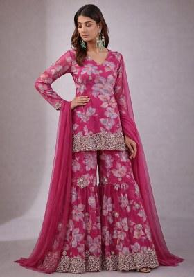 Rani Pink Floral Print Chinon Sharara Set