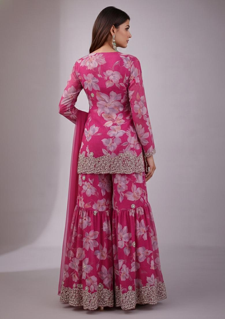 Rani Pink Floral Print Chinon Sharara Set - Indya