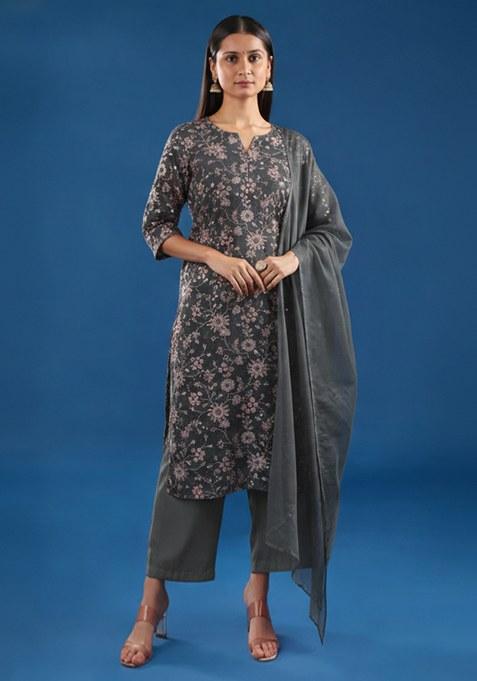 Charcoal Grey Floral Print Poly Straight Kurta Set