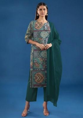 Deep Teal Printed Poly Blend Kurta Set