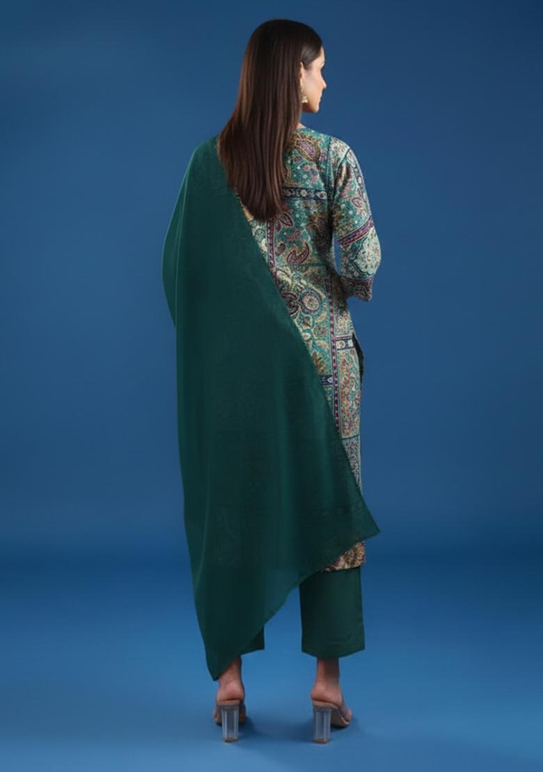 Deep Teal Printed Poly Blend Kurta Set - Indya