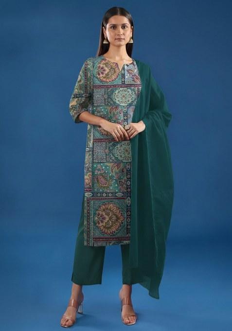 Deep Teal Printed Poly Blend Kurta Set