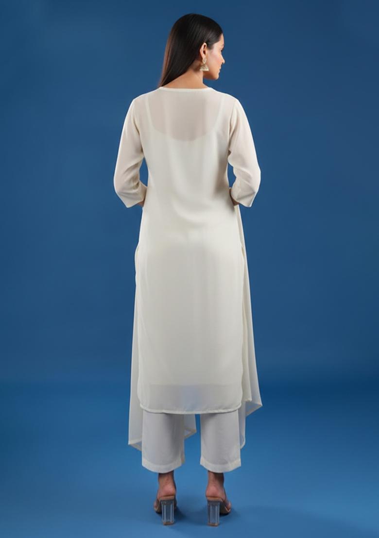 Off-White Embroidered Crepe Kurta Set - Indya