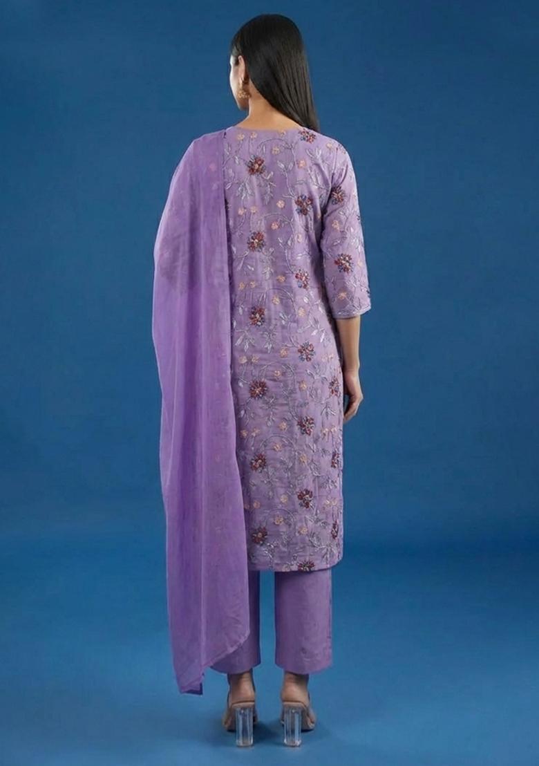 Lavender Silk Kurta Set With Embroidered Blouse - Indya