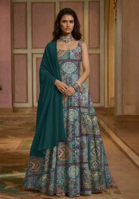 Teal Printed Crepe Anarkali Set