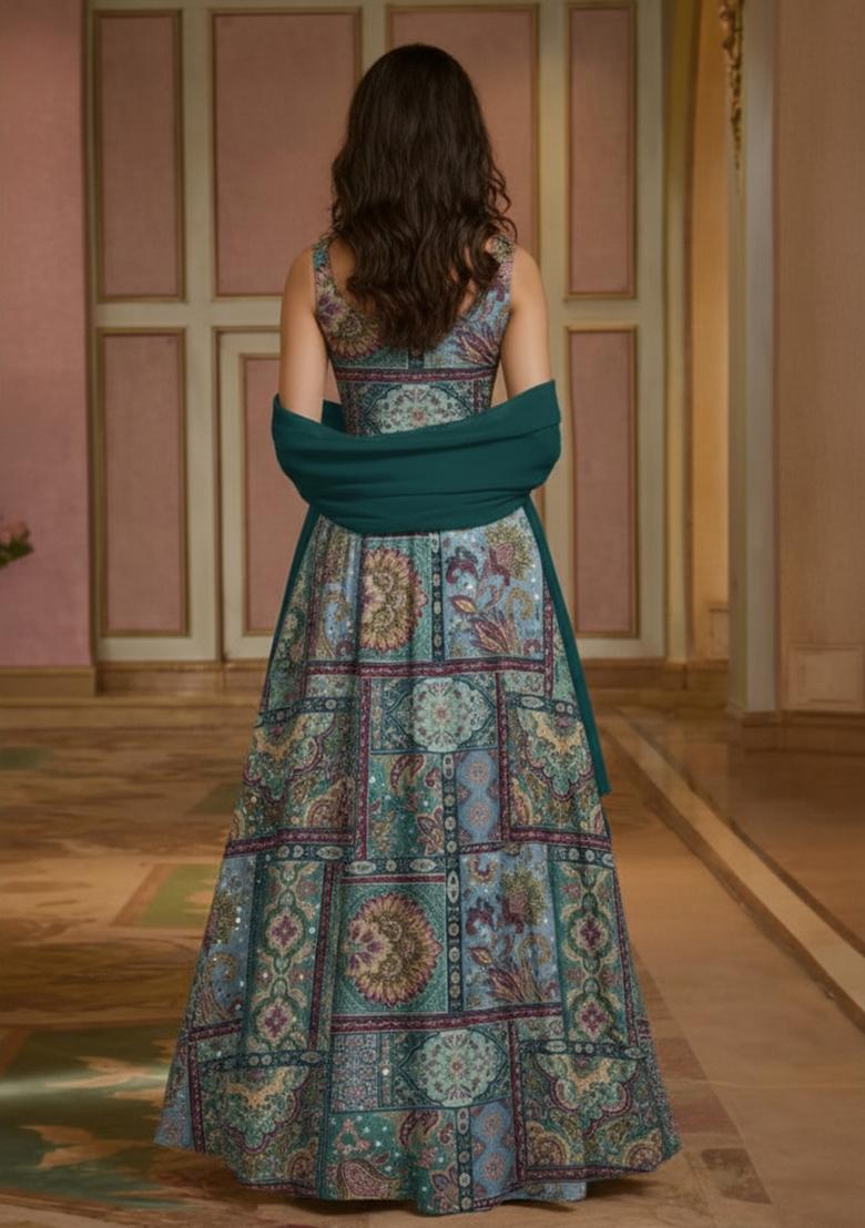 Teal Printed Crepe Anarkali Set - Indya