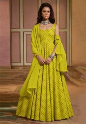 Lime Green Printed Organza Anarkali Set