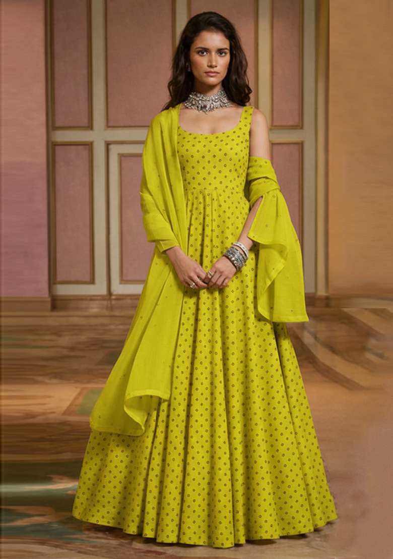 Lime Green Printed Organza Anarkali Set - Indya