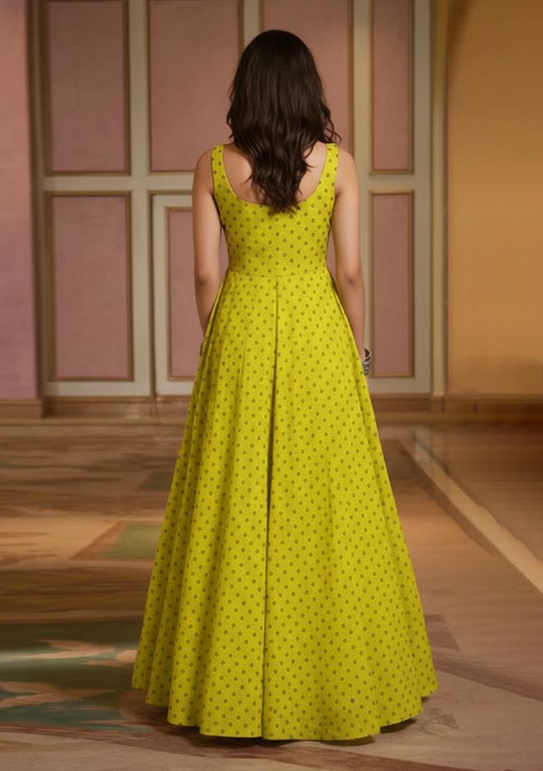 Lime Green Printed Organza Anarkali Set - Indya