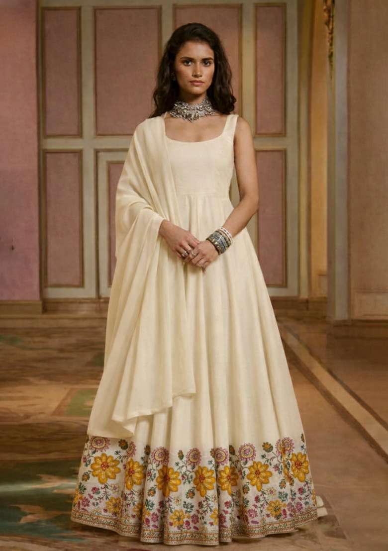 Cream Embroidered Chinon Anarkali Set - Indya
