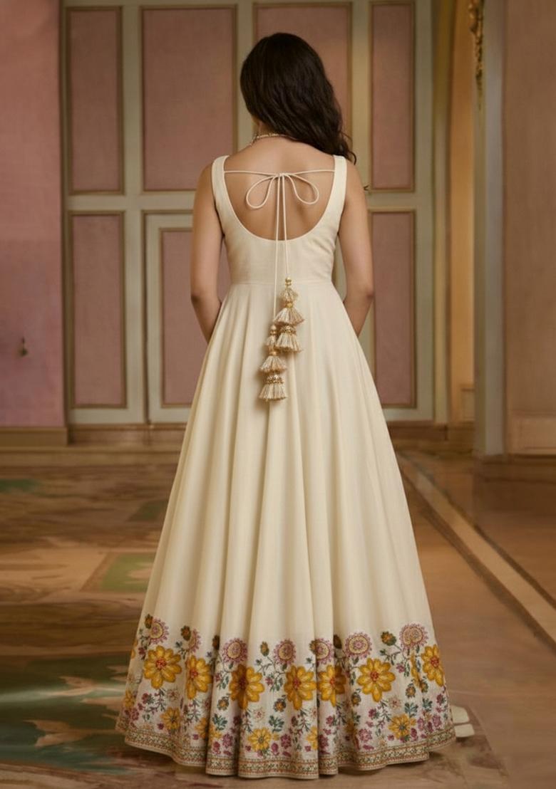Cream Embroidered Chinon Anarkali Set - Indya