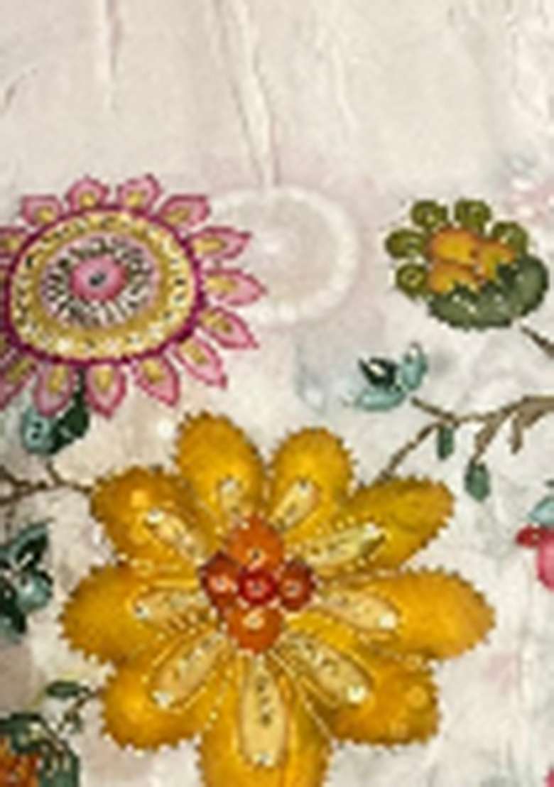 Cream Embroidered Chinon Anarkali Set - Indya