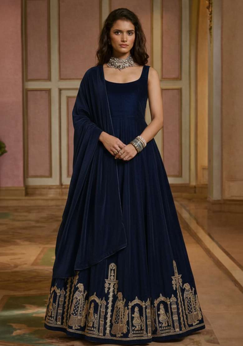 Navy Blue Embroidered Velvet Anarkali Set - Indya