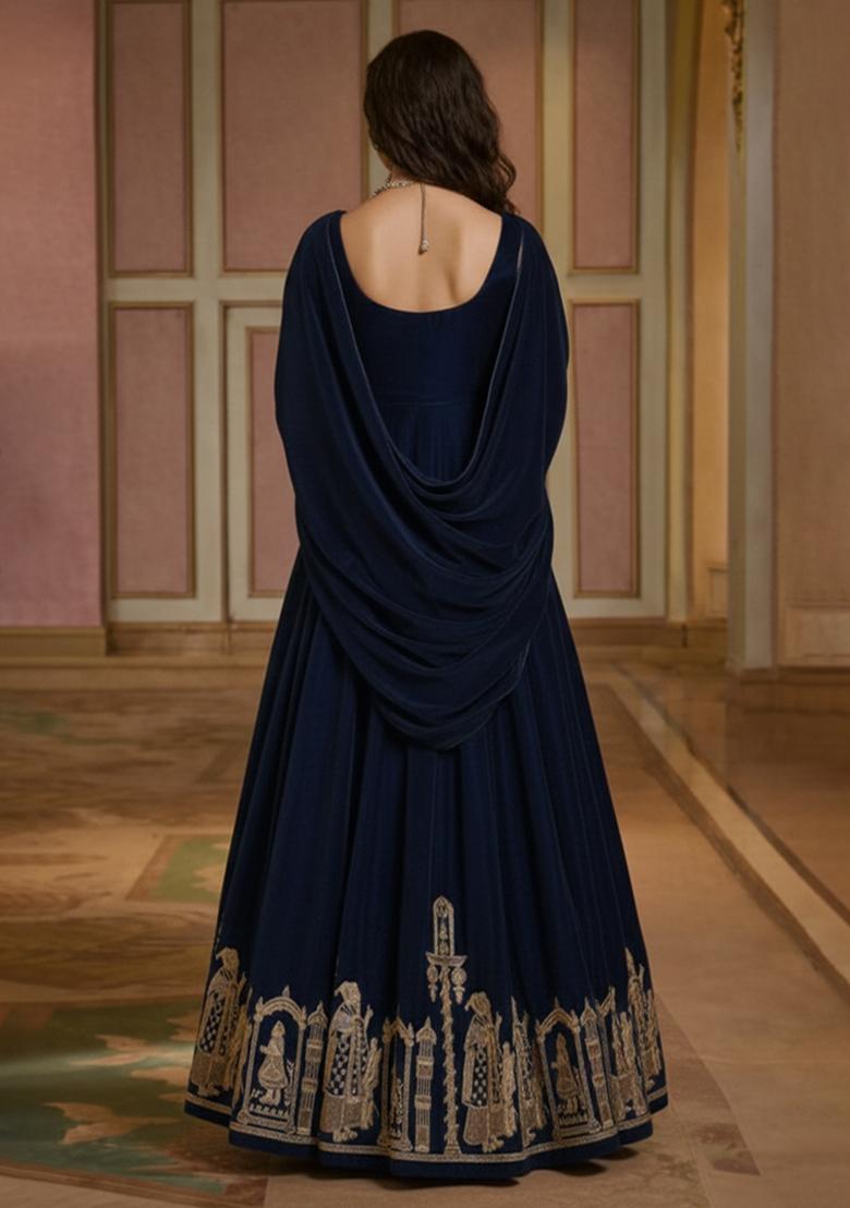 Navy Blue Embroidered Velvet Anarkali Set - Indya