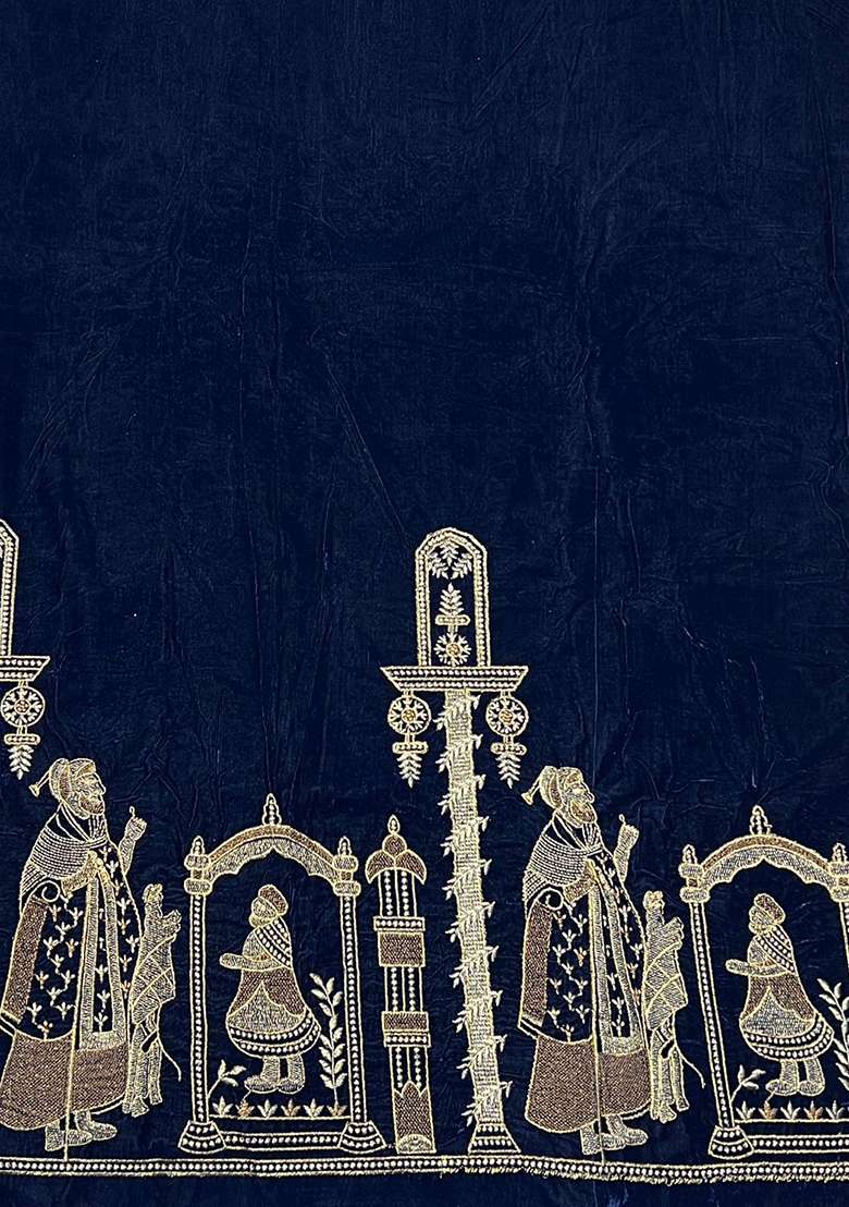 Navy Blue Embroidered Velvet Anarkali Set - Indya