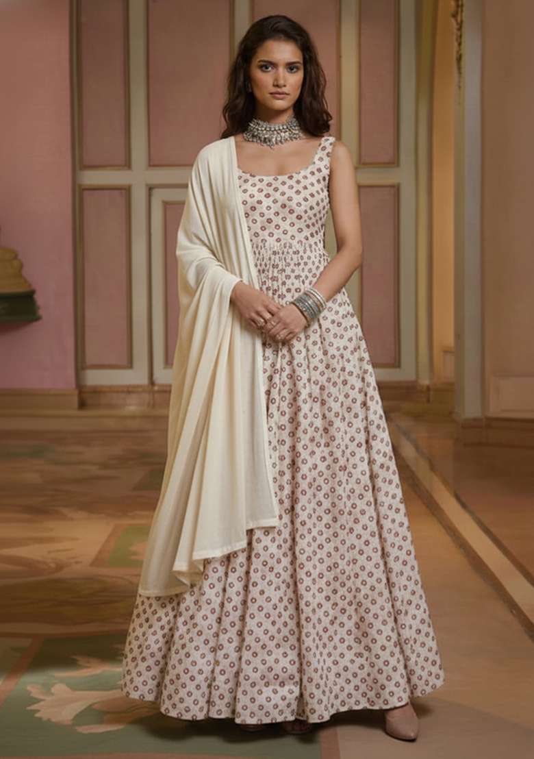Off-White Printed Georgette Anarkali Set - Indya