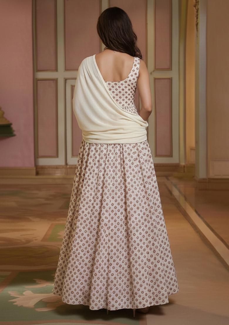 Off-White Printed Georgette Anarkali Set - Indya