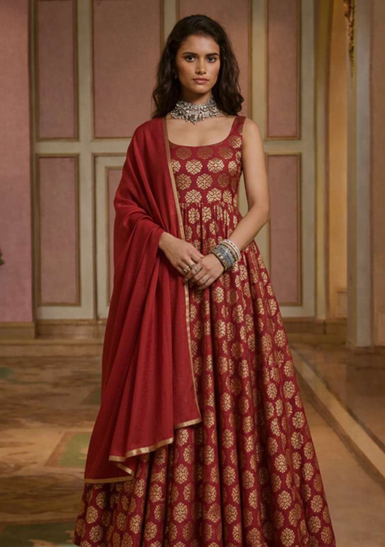 Deep Maroon Brocade Anarkali Set - Indya
