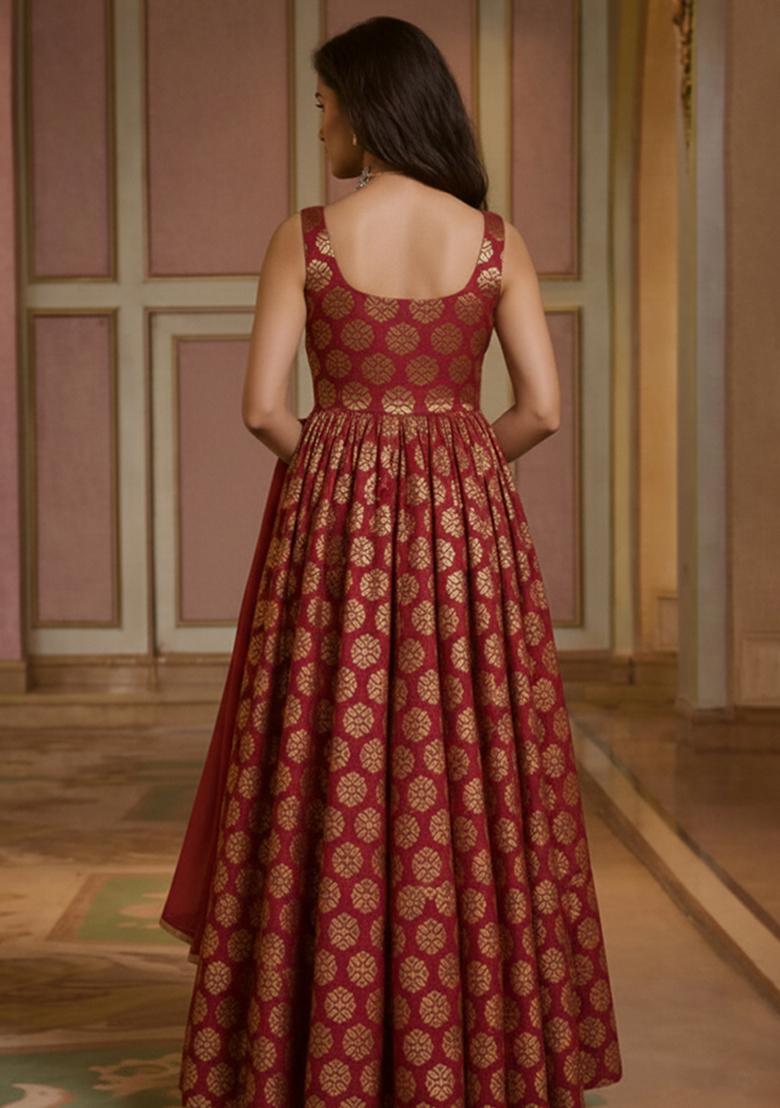 Deep Maroon Brocade Anarkali Set - Indya