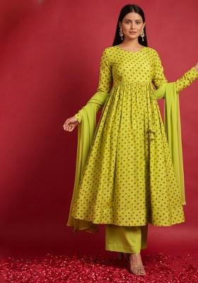 Lime Green Printed Organza Anarkali Set