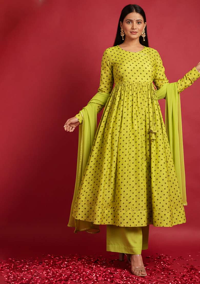 Lime Green Printed Organza Anarkali Set - Indya