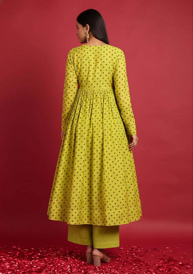 Lime Green Printed Organza Anarkali Set - Indya